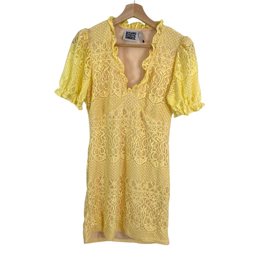 Reclaimed Vintage Yellow Lace Puff Shoulder Dress ASOS Whimsical Sz 8